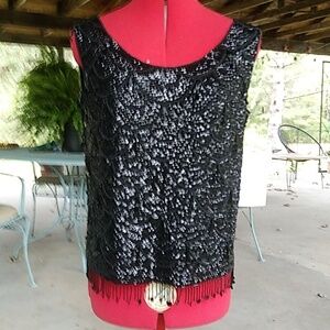 VTG Sequined / Beaded sleveless Black top Art Deco